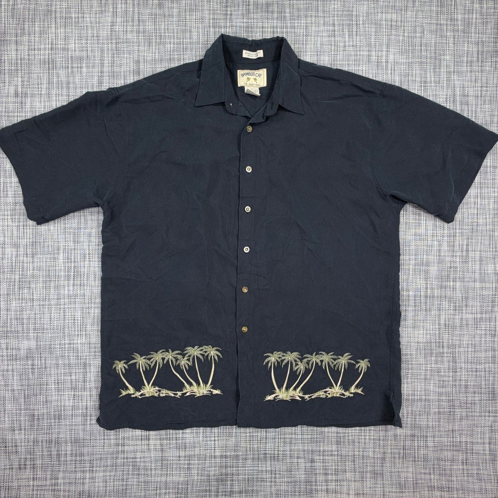 Bamboo Cay Mens Camp Shirt Navy Embroidered Palm Tree Rayon Blend Short Sleeve L